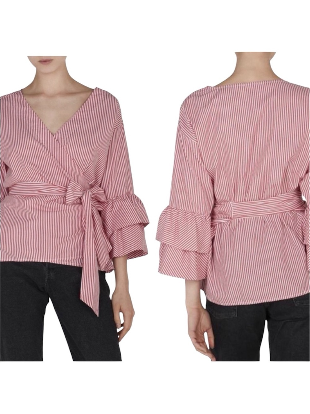 BeachLunchLounge Red White Striped Ruffled Wrap Top XS